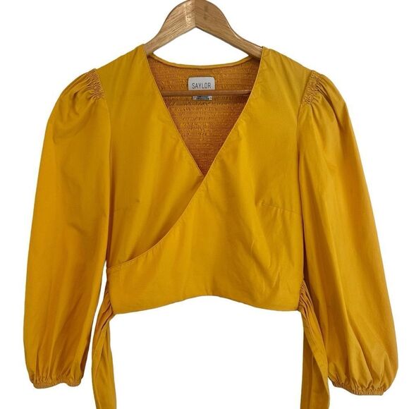 SAYLOR Abril Yellow V-Neck Wrap Smocked Back Puff Sleeve Cropped Top - Picture 3 of 7